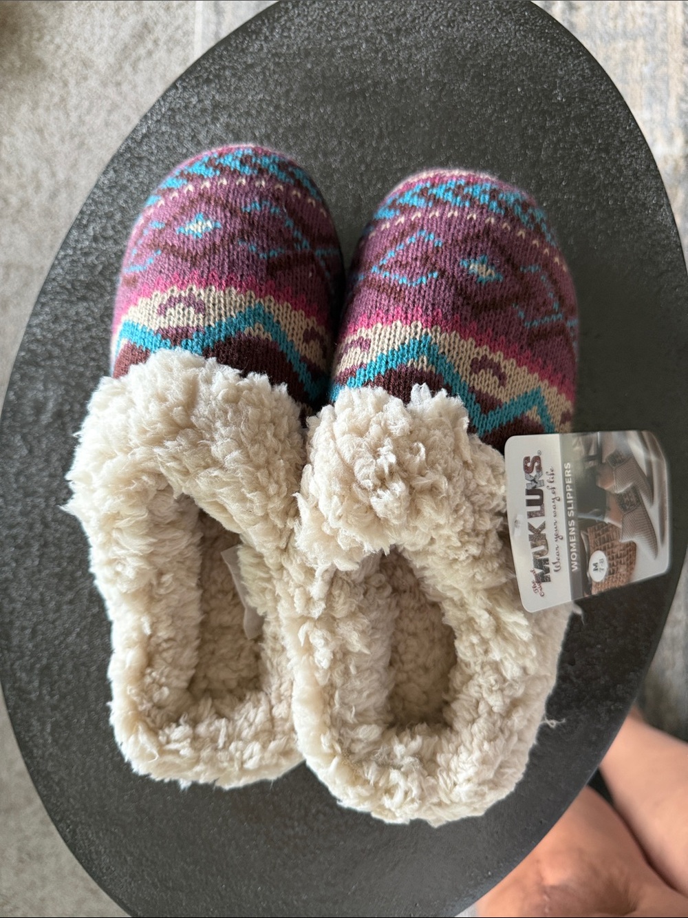 Muk Luks Women's Cozy Knit Slip-On Slippers in Purple, Teal & Cream